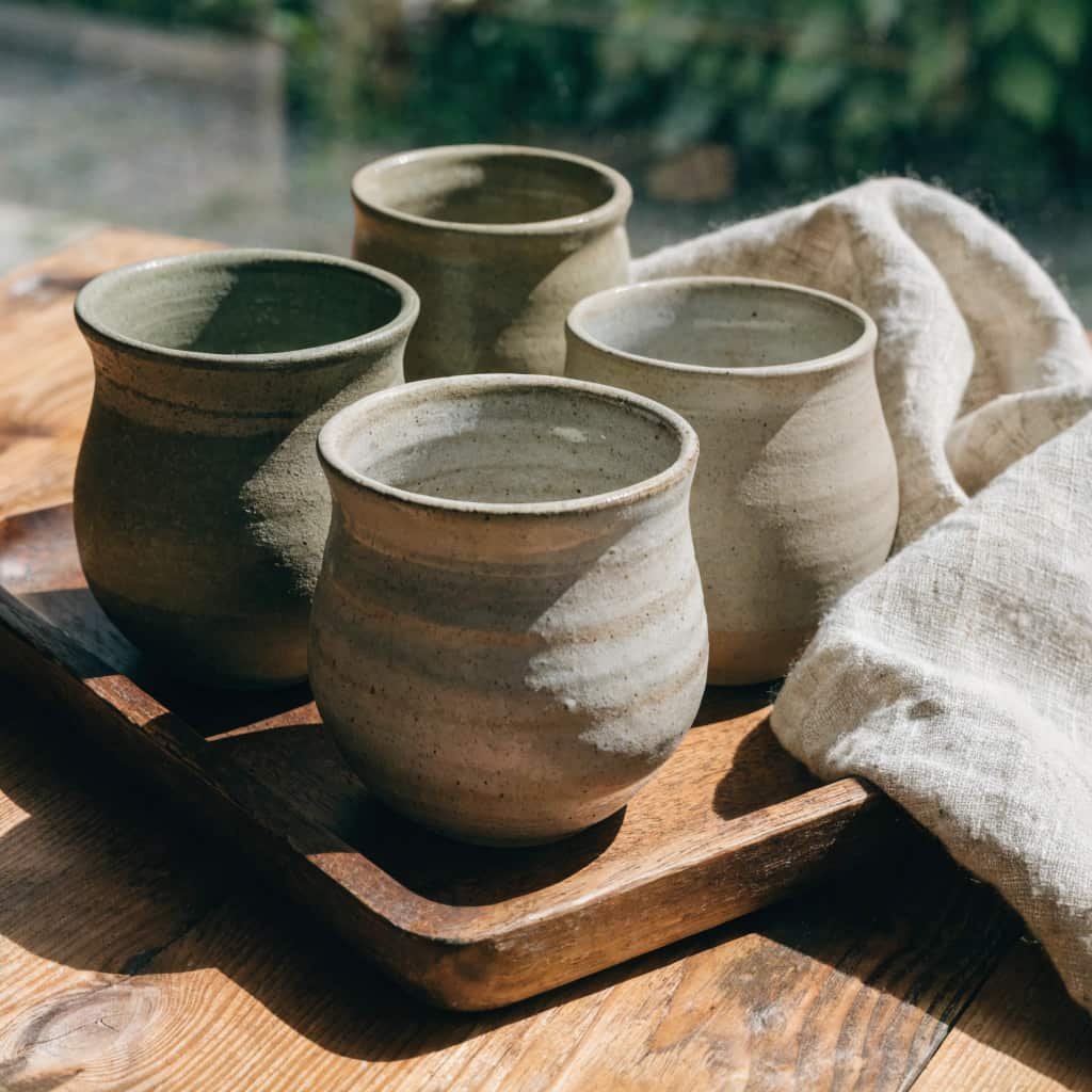 handmade ceramic mugs on a wooden tray in a cafe