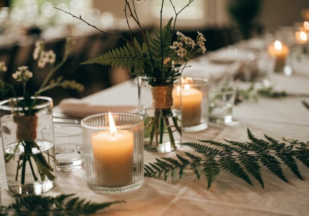 Budget-friendly DIY wedding centerpiece with candles and greenery