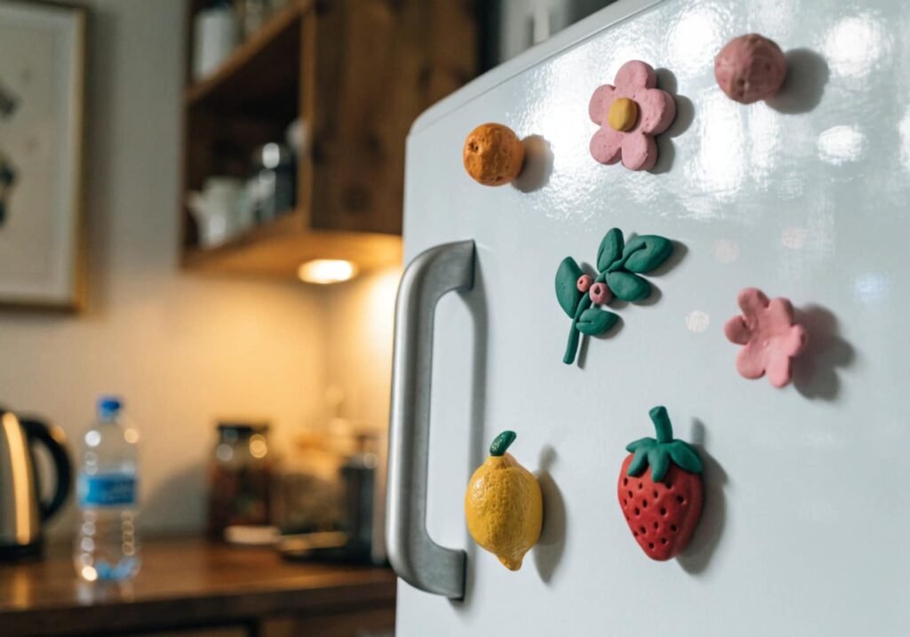 Colorful handmade clay magnets decorating a refrigerator door