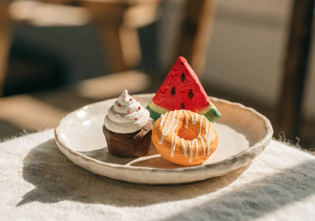 mini clay food figures arranged on small plate