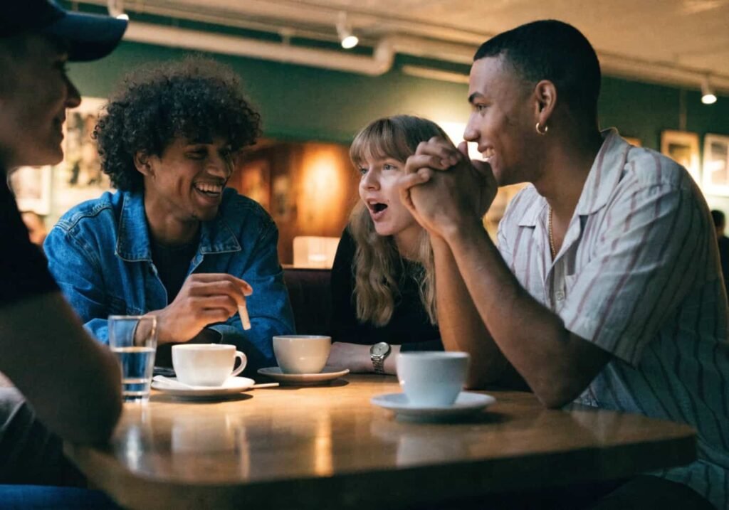Friends having a candid conversation at a cafe table.