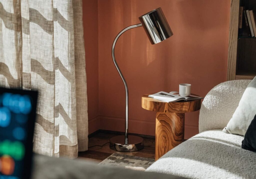 Chrome floor lamp styled with warm wood and terracotta tones for a 2026 look