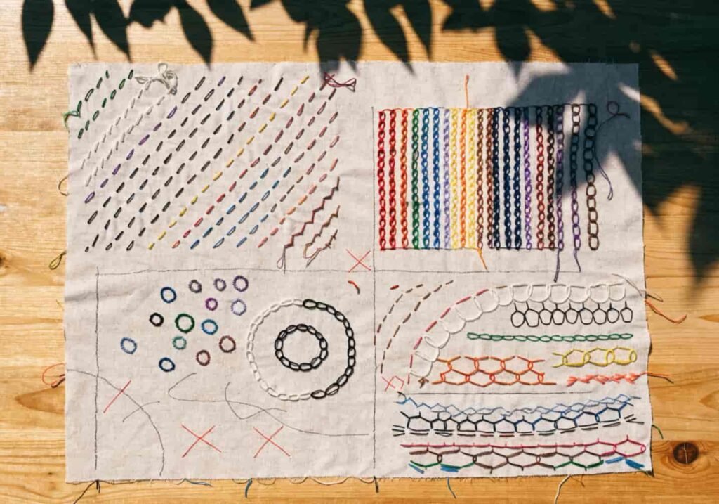Embroidery practice sample cloth showing different stitch techniques