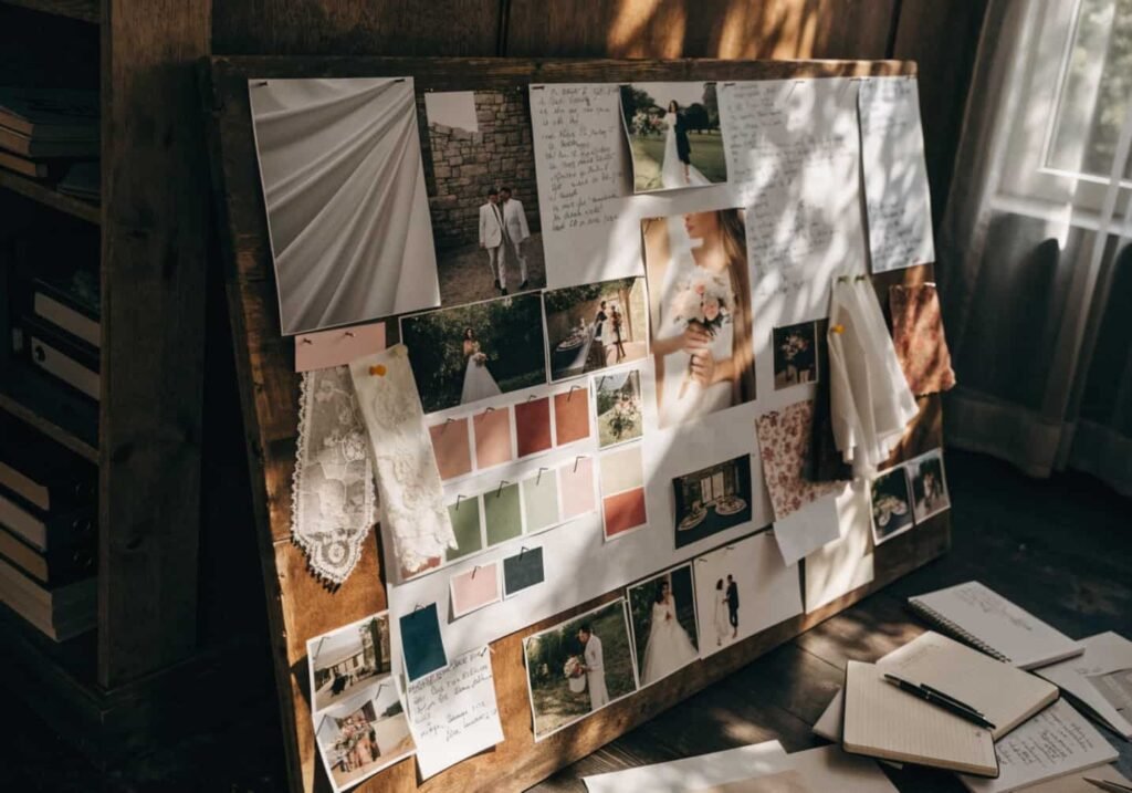 Wedding theme mood board with colors and inspiration images