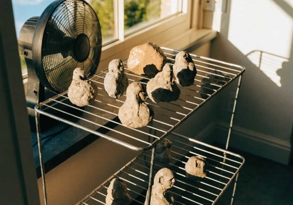 Clay figures drying near a window with a fan for faster drying