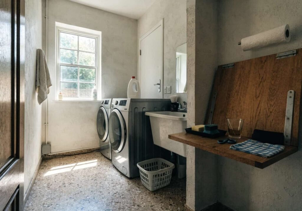 Utility sink placed beside a built-in folding counter in a bright laundry room