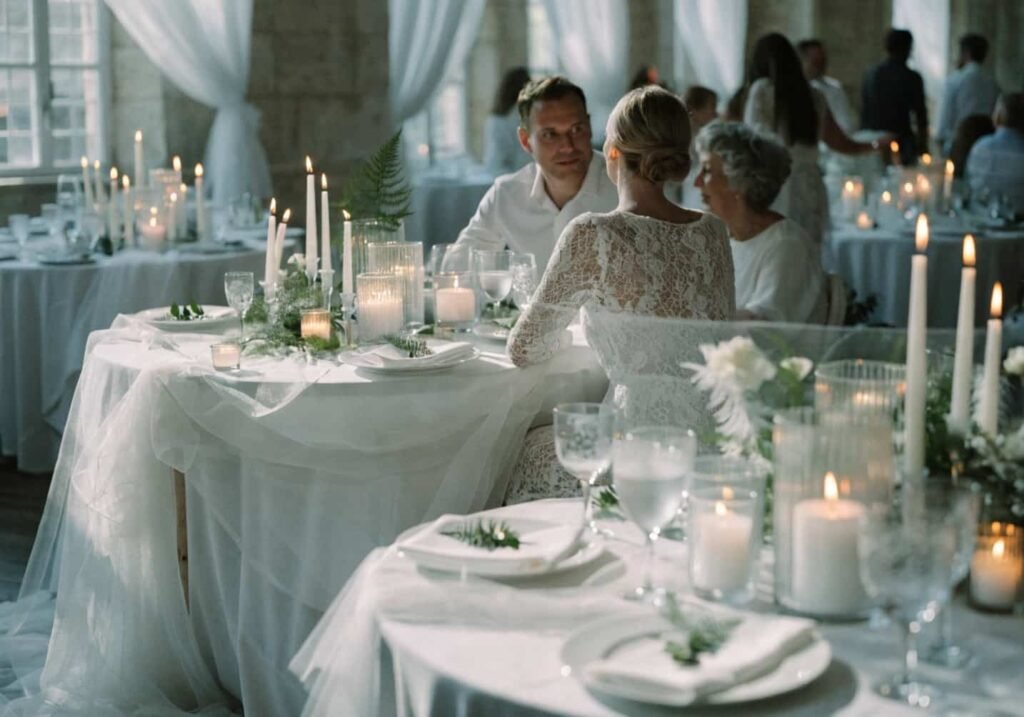 All-white wedding reception aesthetic with textured decor