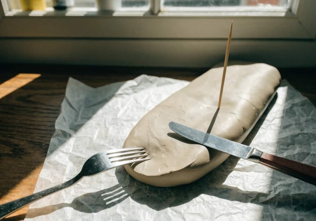 Household items like a fork and toothpick used as simple clay tools