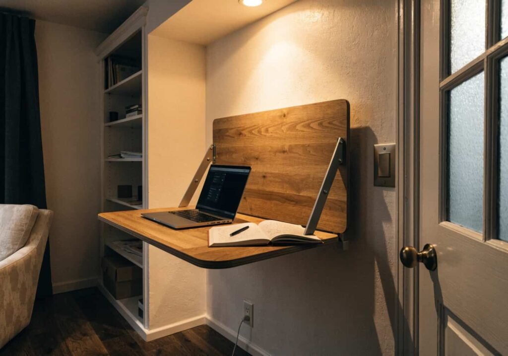 Fold-down wall desk used as a budget home office setup