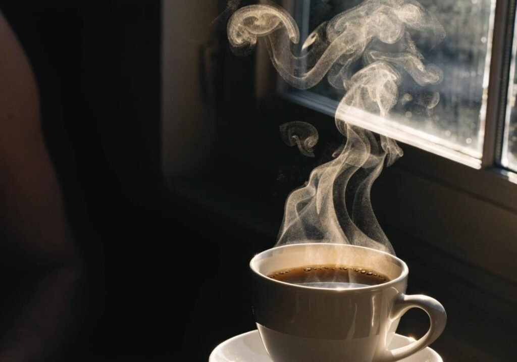 Steam rising from coffee cup aesthetic backlit cafe photo