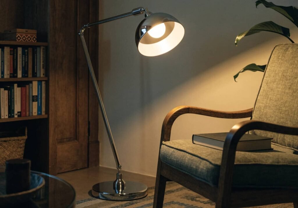 Chrome floor lamp angled near a reading chair and bookshelf for a cozy vibe