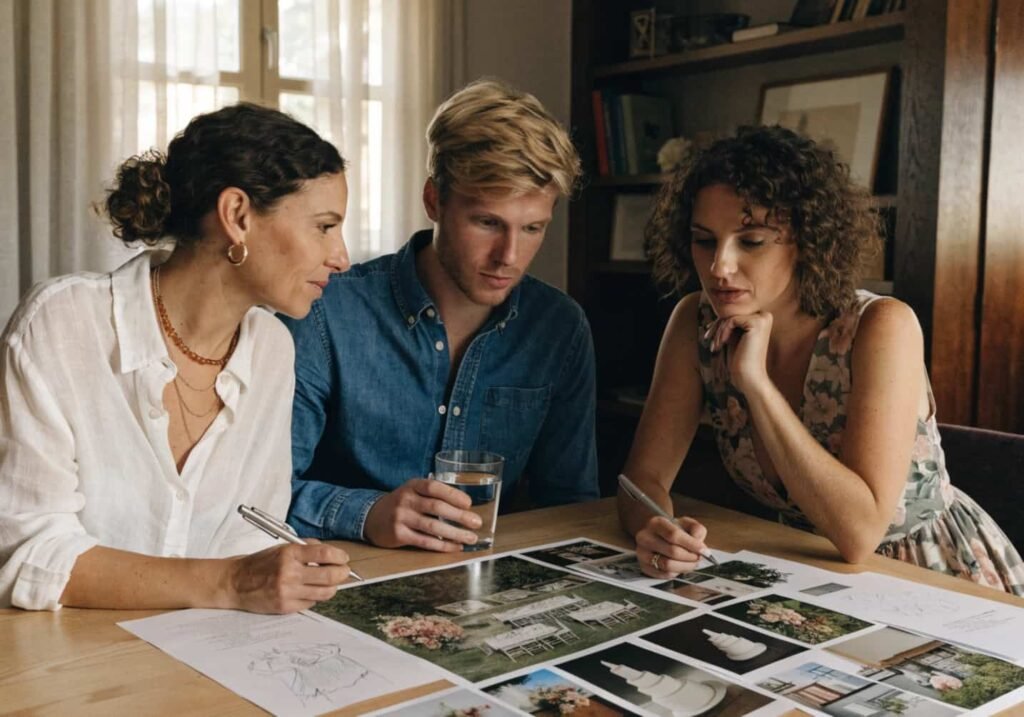 Couple getting vendor feedback on their chosen wedding theme