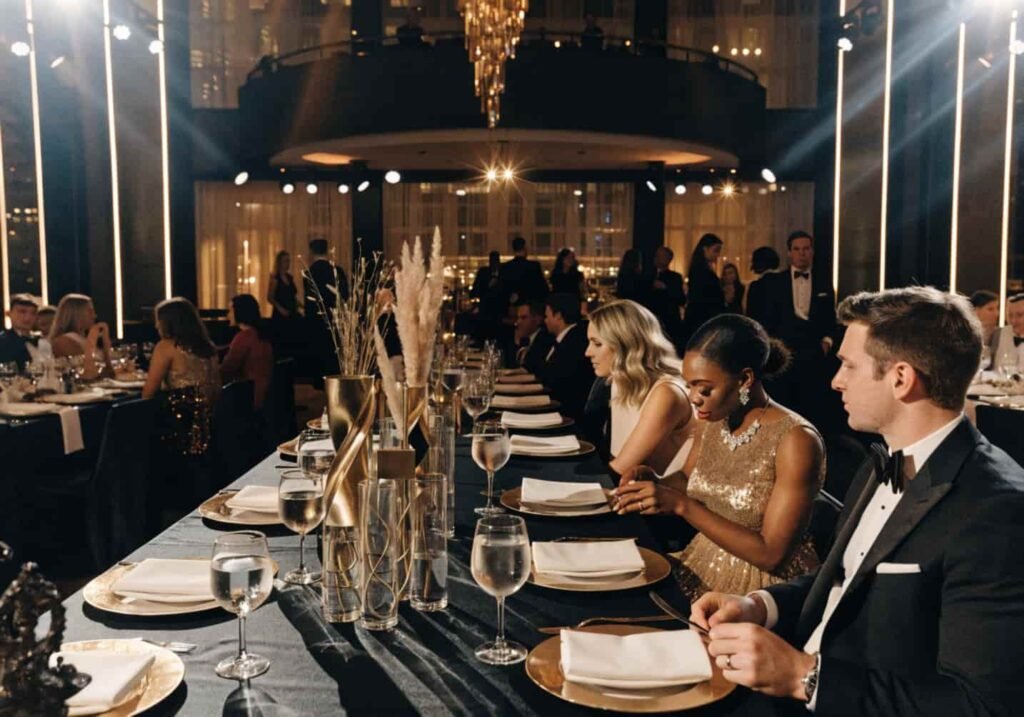 Black-tie modern luxury wedding reception decor