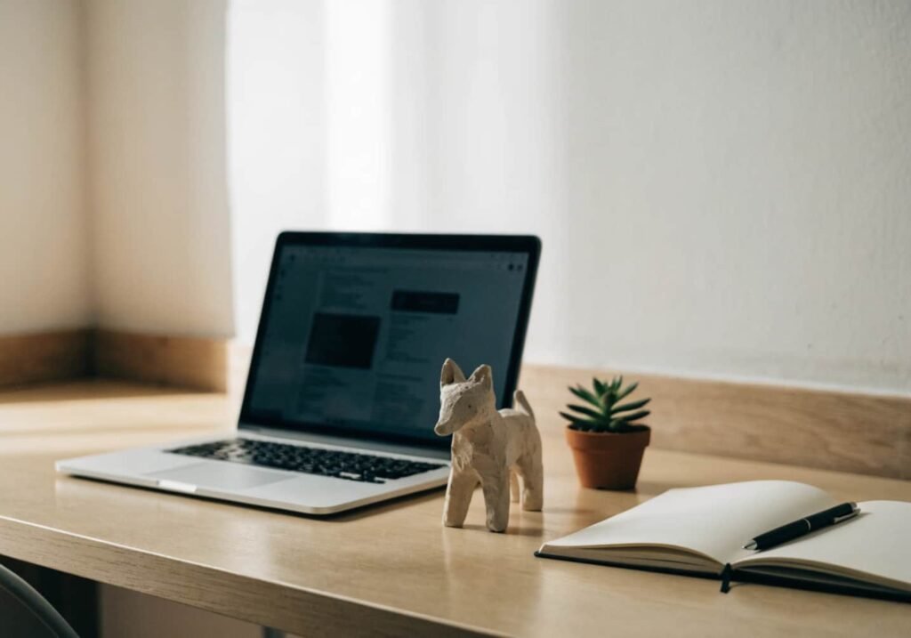 Small clay fox figure styled on a minimal work desk