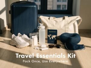 Portable power bank and charging cables packed inside a travel tech pouch