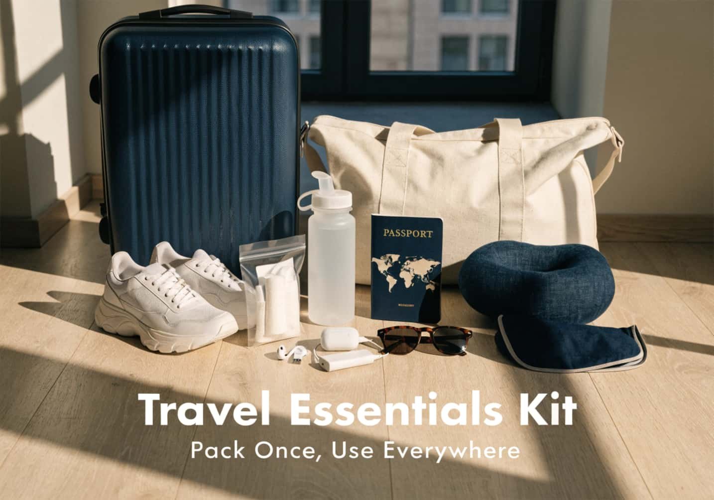 Portable power bank and charging cables packed inside a travel tech pouch