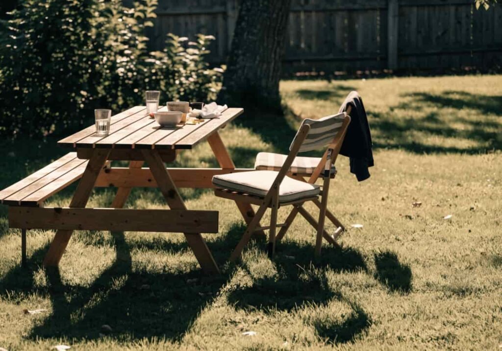 Portable folding picnic table set up for an outdoor gathering