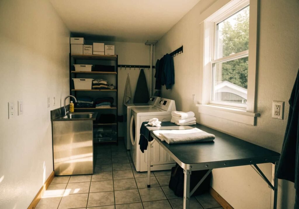 L-shaped laundry room layout combining sink, folding table, and shelving