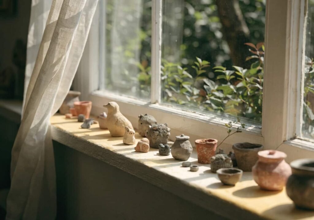 Small clay figures lined up on a sunlit windowsill