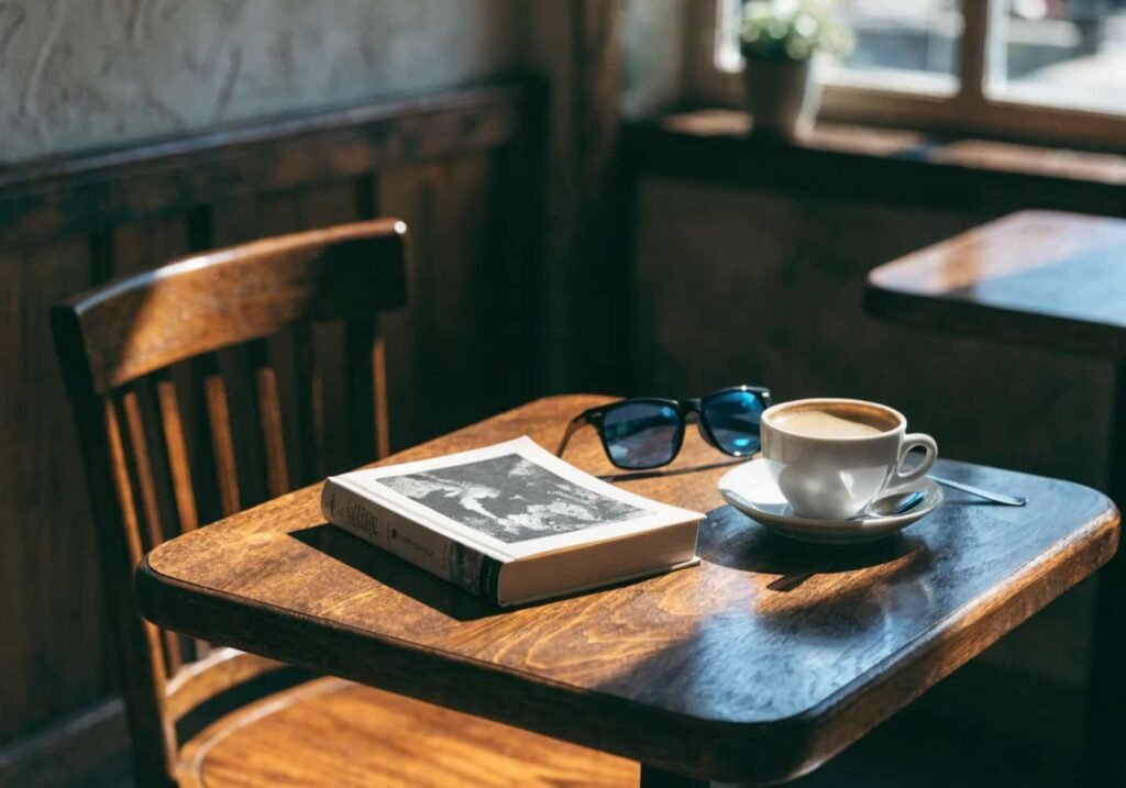 Cafe table styled with simple props including a book and coffee cup