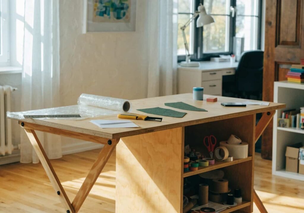 Folding craft table with hidden storage for sewing and art supplies