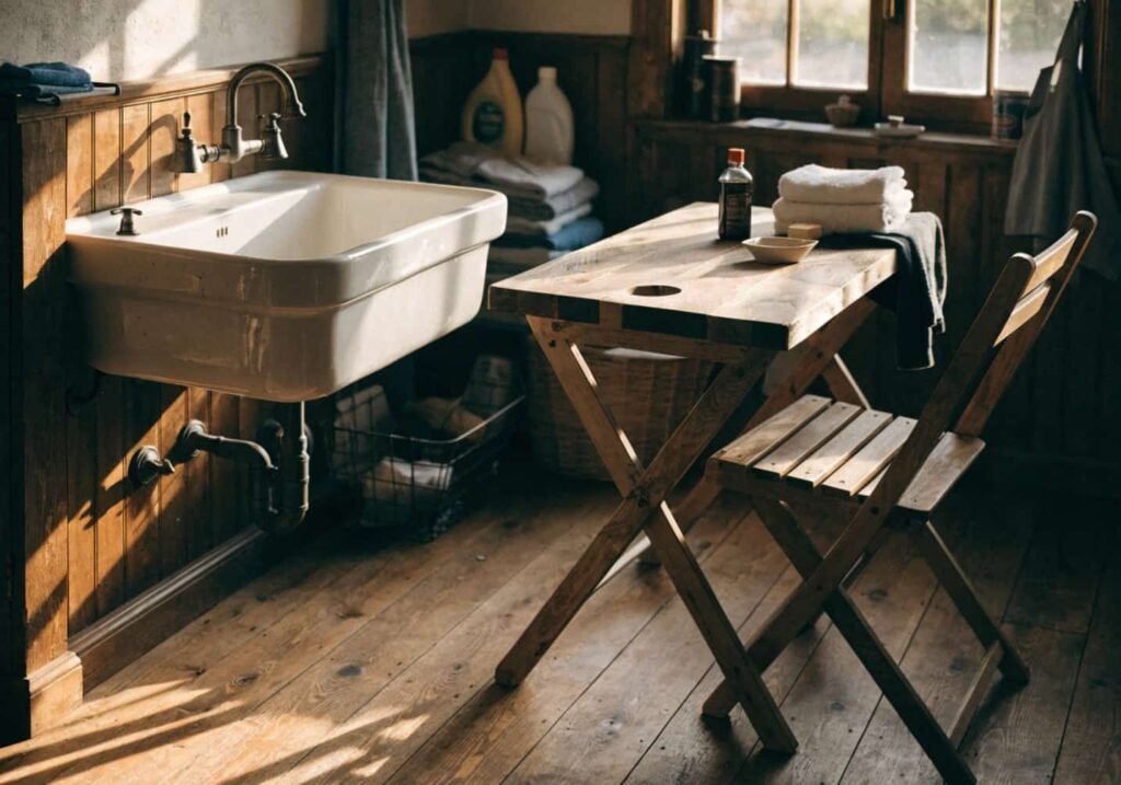 Farmhouse sink paired with a butcher block folding table in a laundry room