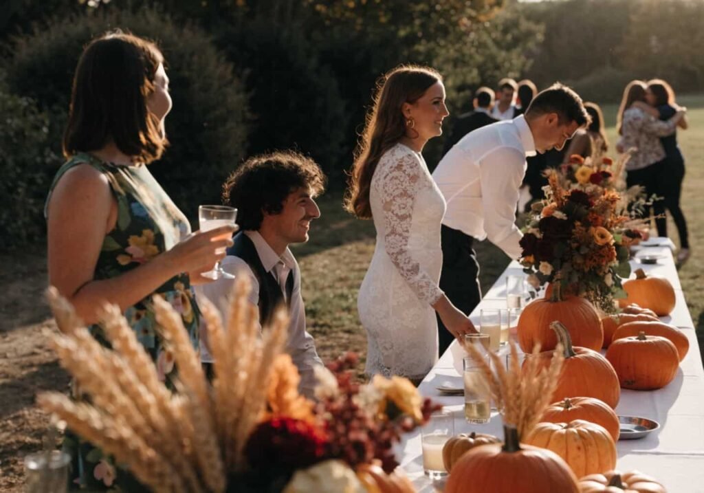 Autumn harvest wedding reception decor with seasonal elements