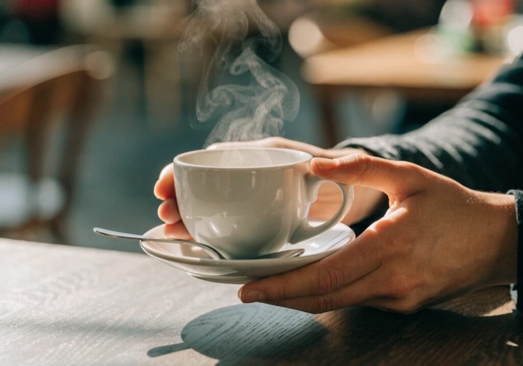 Close-up shot of hands holding a steaming coffee cup at a cafe.