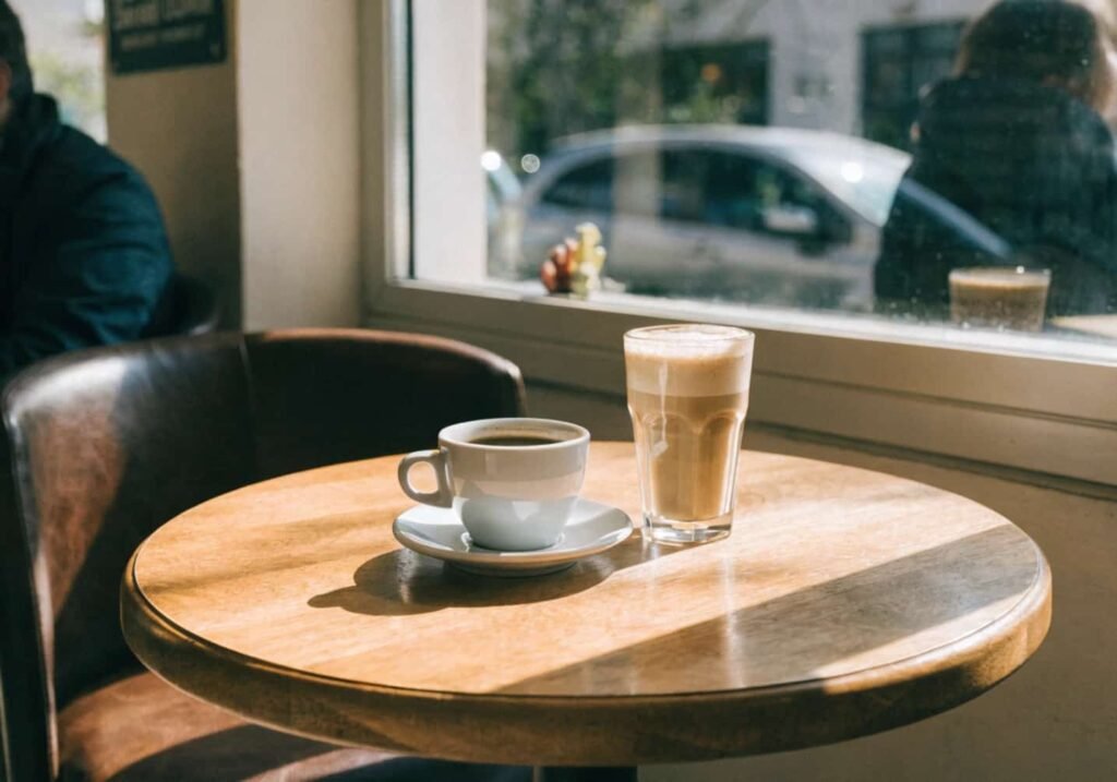 Cafe window natural light aesthetic photo with coffee on table