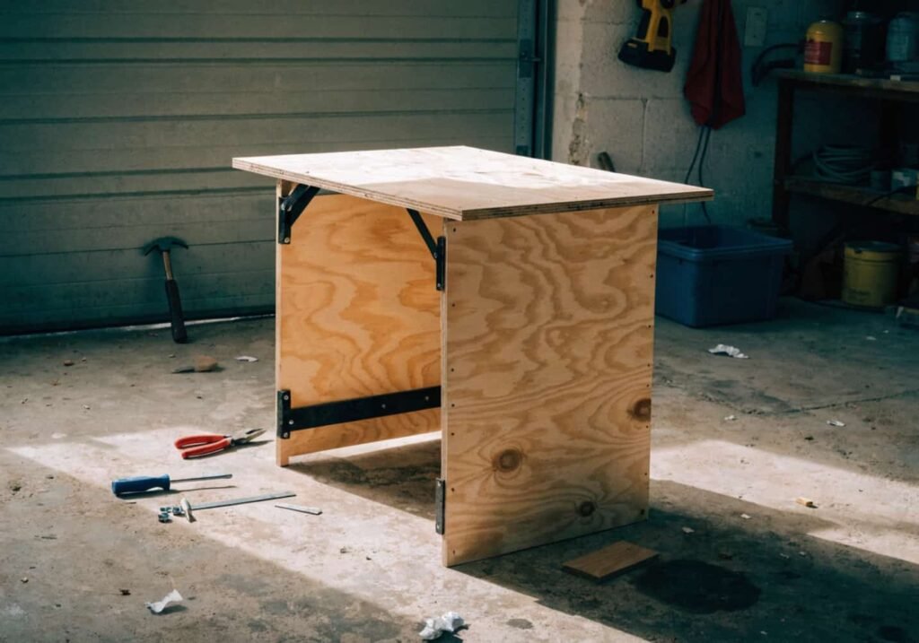 Beginner-friendly plywood folding table with metal leg brackets