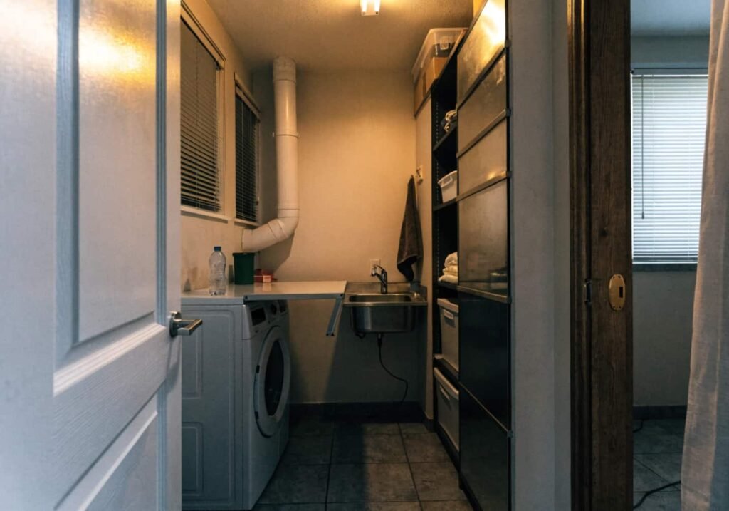 Compact folding table and sink combo unit inside a small laundry closet