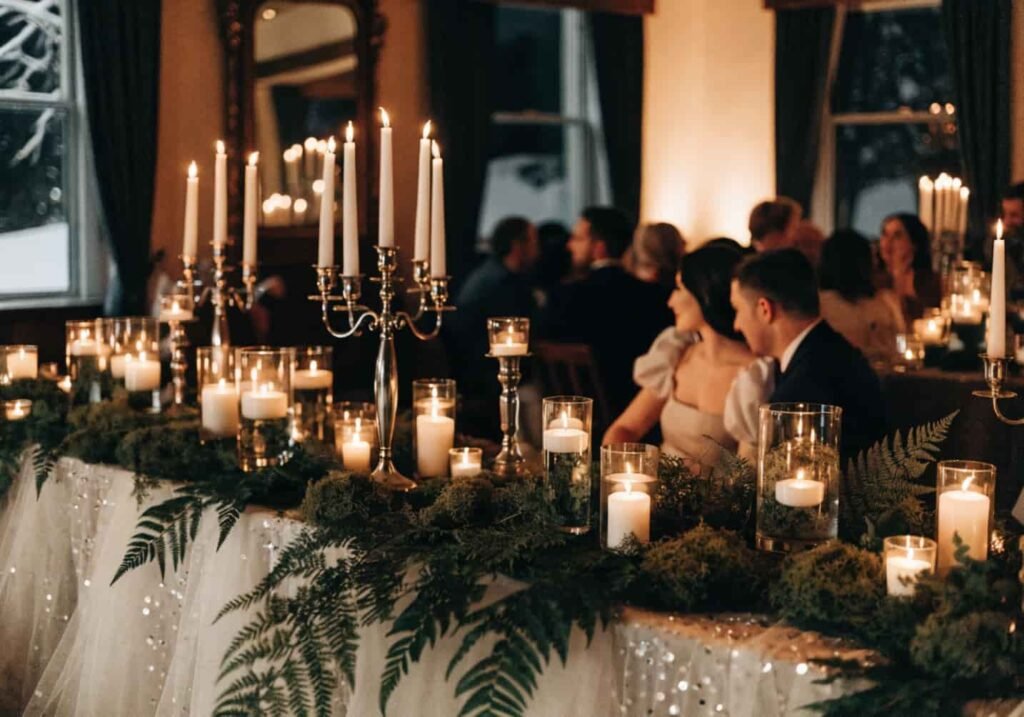 Winter wonderland wedding reception with cozy warm decor