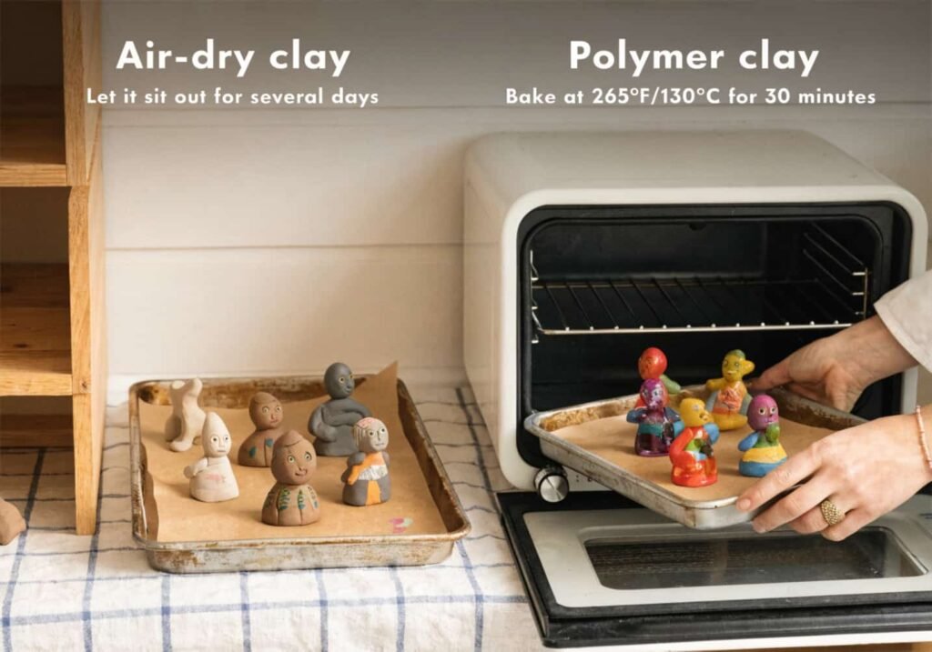 Comparison of air-dry clay figures drying on a shelf versus polymer clay figures going into the oven