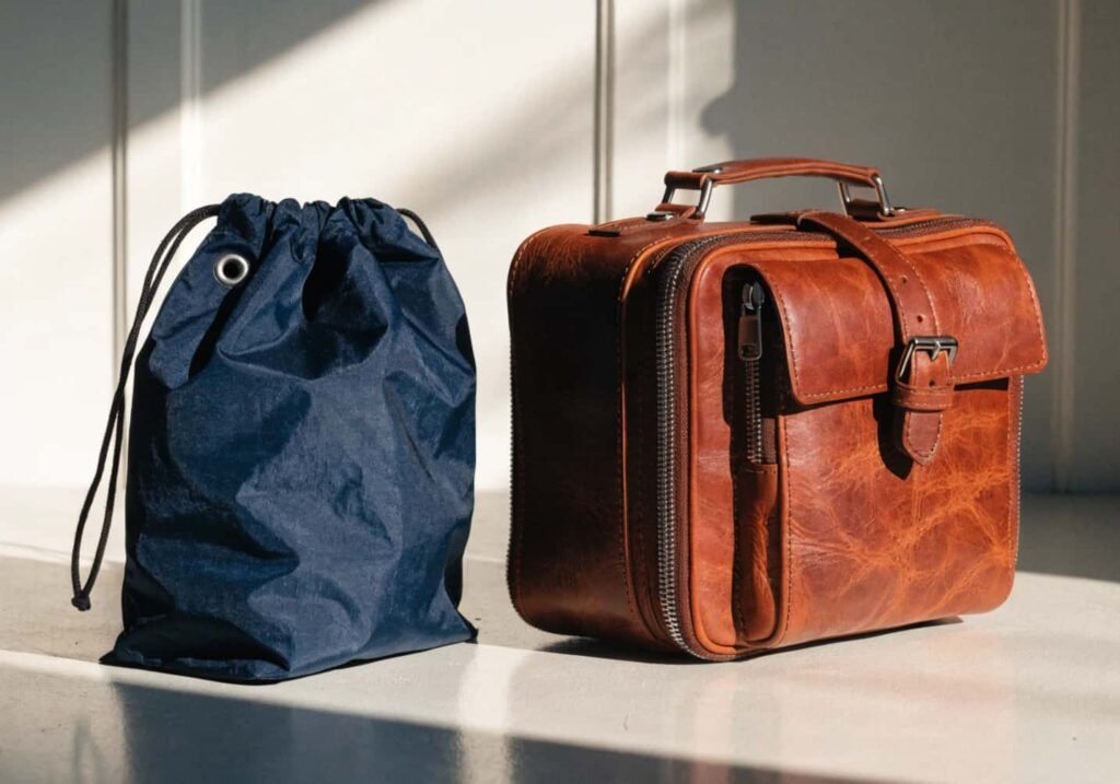 Budget nylon pouch compared to a premium leather travel organizer