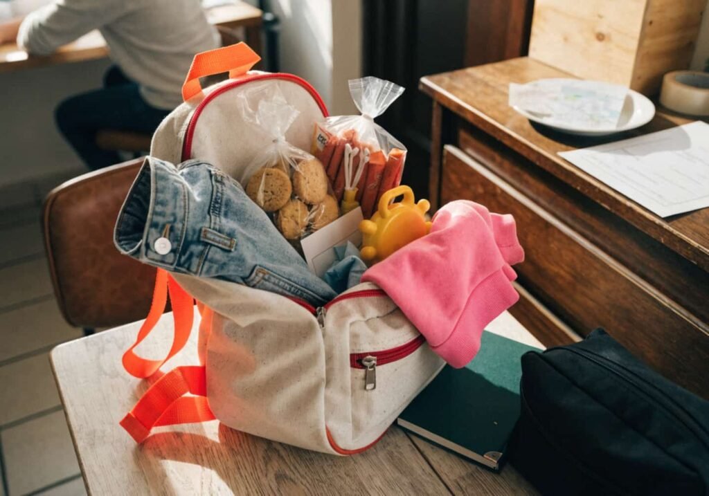 Kids travel bag packed with snacks, toys, and clothes for family trip.