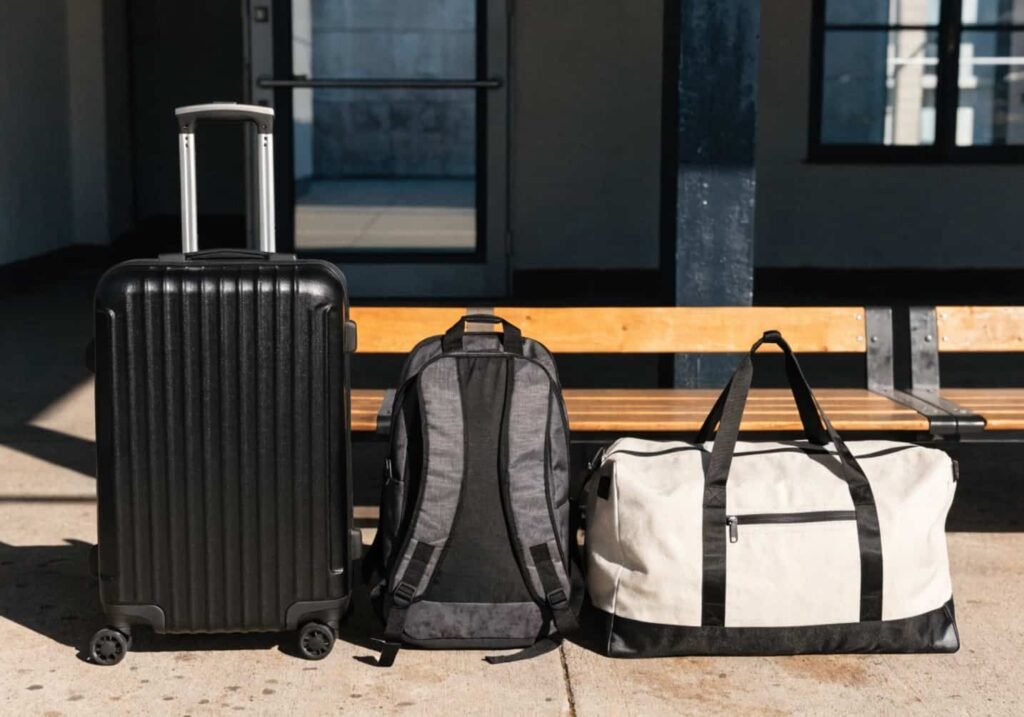 Suitcase, backpack, and duffel bag placed side by side for comparison
