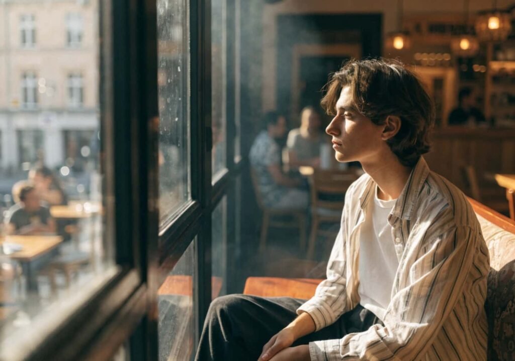 Person looking out of a cafe window in a candid moment.