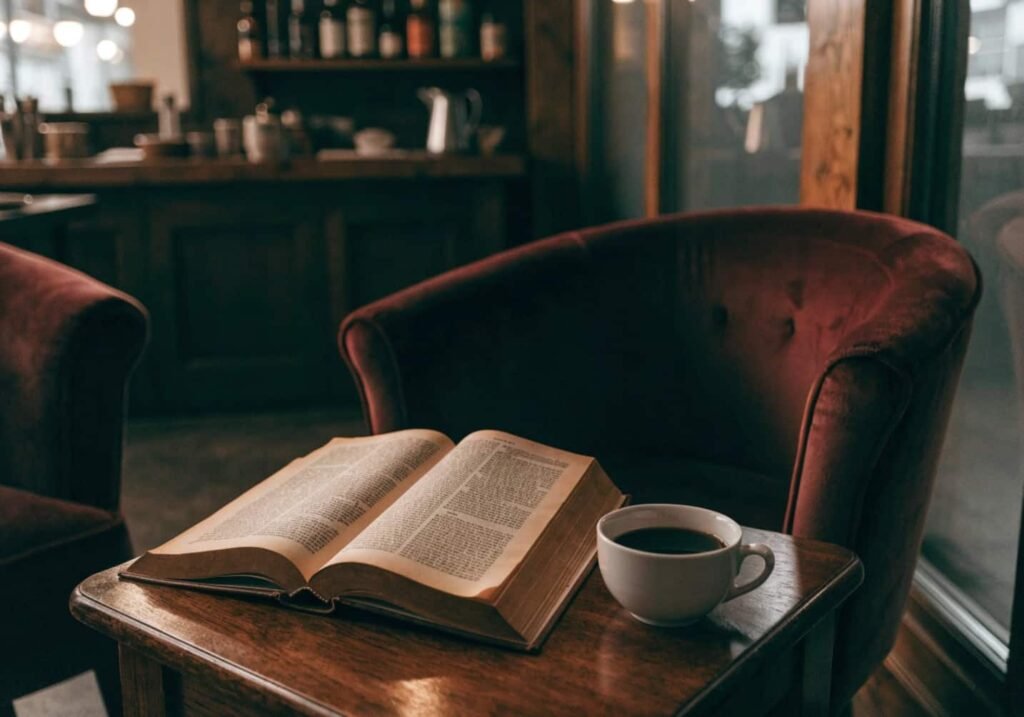 Moody dark academia cafe corner with old book and coffee cup in warm shadowy light