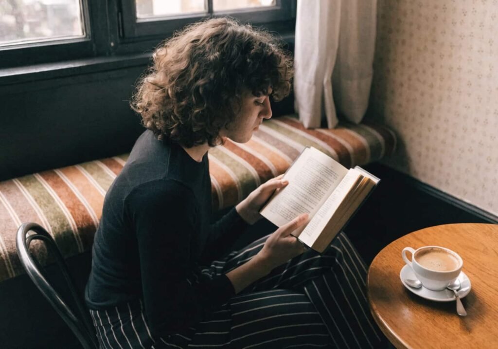 Person reading a book beside a coffee cup in a cozy cafe corner