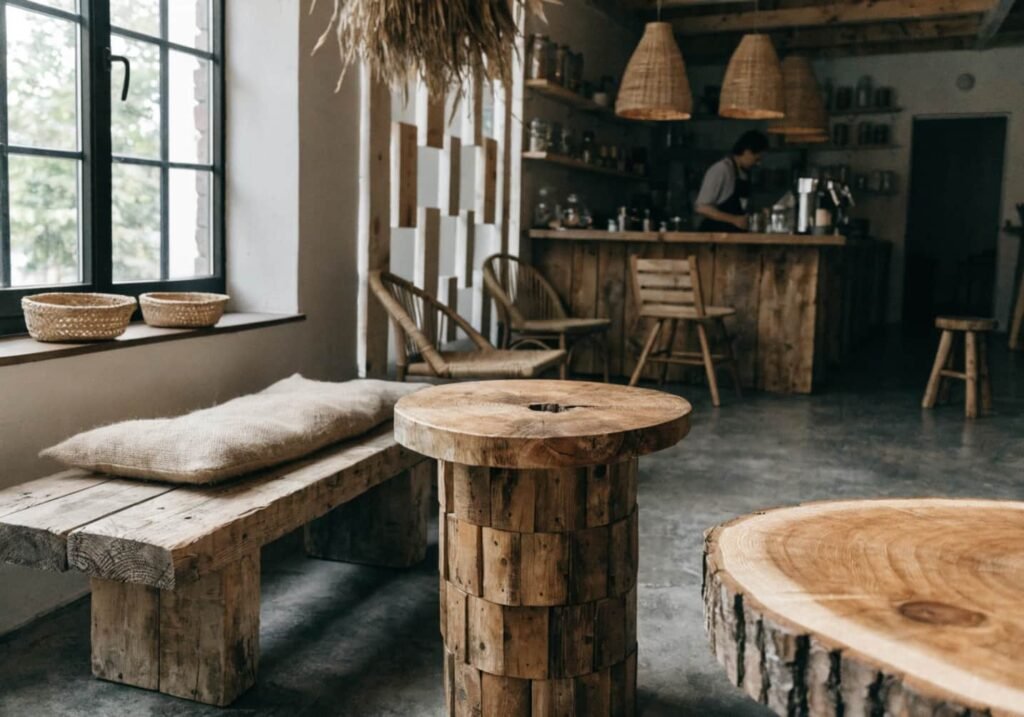 sustainable minimal cafe design with reclaimed wood furniture in 2026