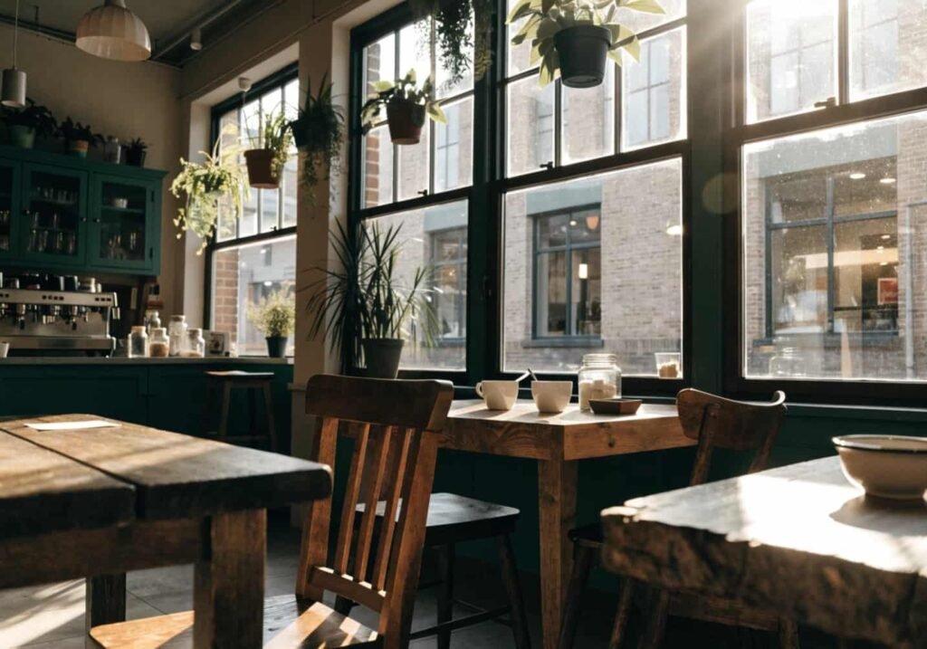 Cozy coffee shop interior with wooden tables, plants, and sunlight through the windows