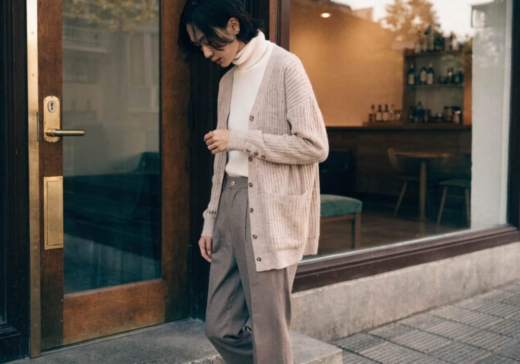 Neutral-toned layered cafe outfit with cardigan and turtleneck near a coffee shop entrance.