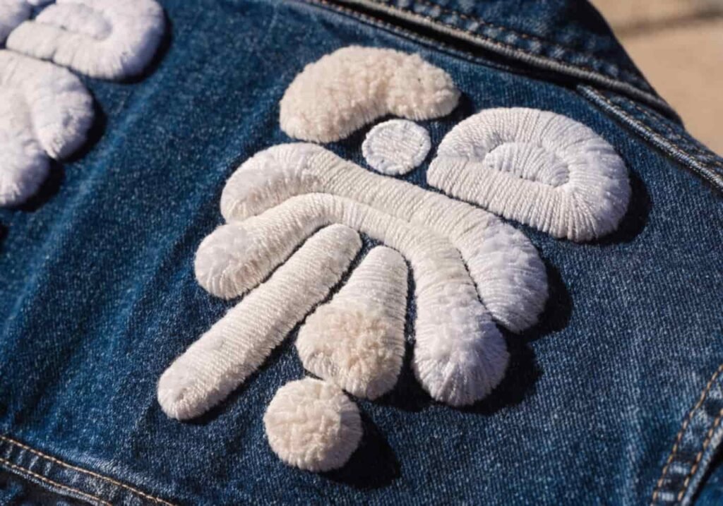 Close-up of raised 3D puff embroidery texture on denim fabric