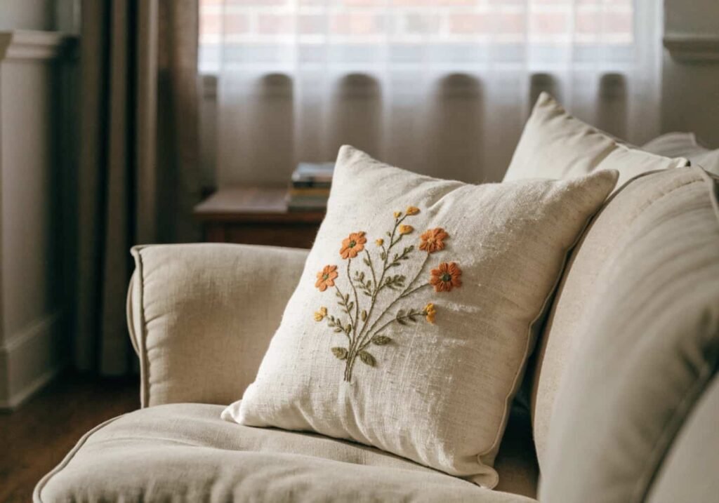 Embroidered floral cushion cover displayed on a sofa in a cozy living room