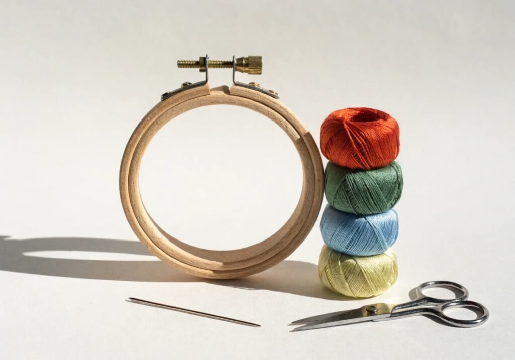Basic embroidery starter tools including hoop, floss, needle, and scissors