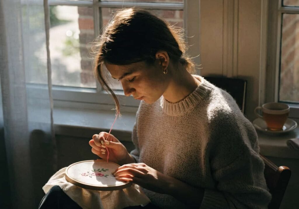 Woman embroidering a minimalist floral pattern by a sunlit window with tea beside her