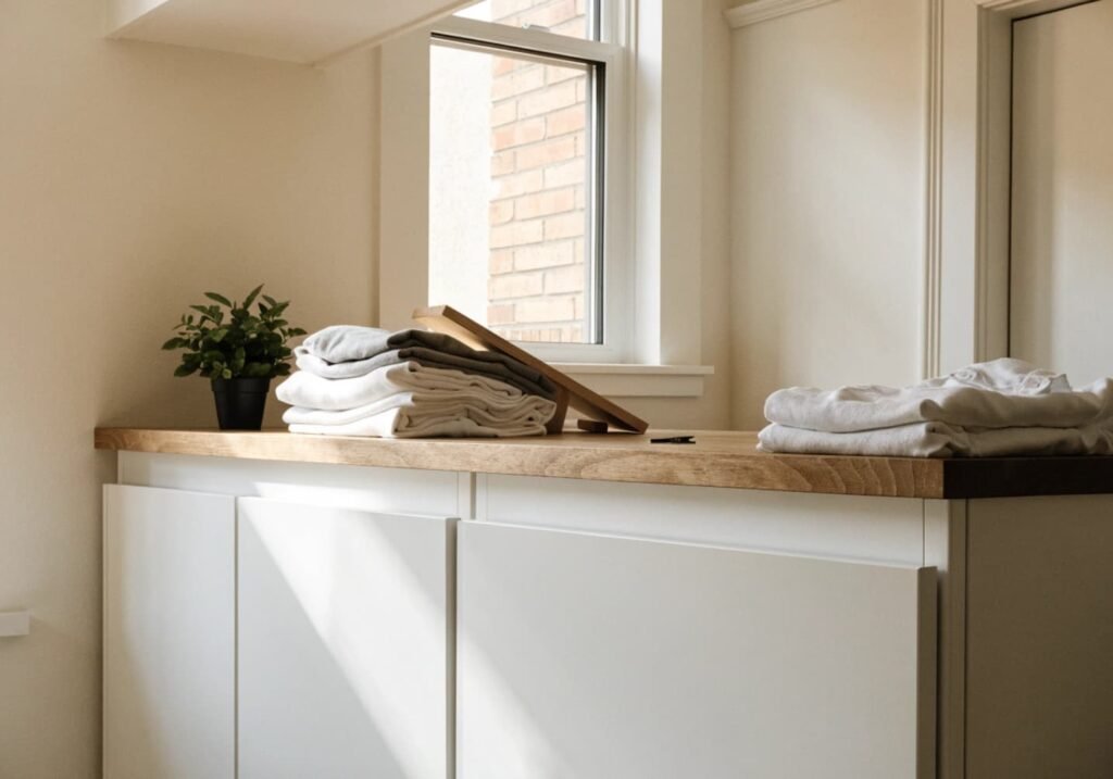 Built-in bench seat with fold-up lid in a mudroom laundry space