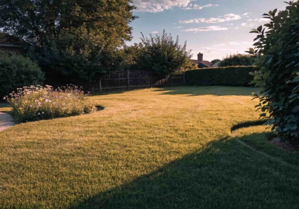 Large lawn design with curved edges and wildflower patch in backyard