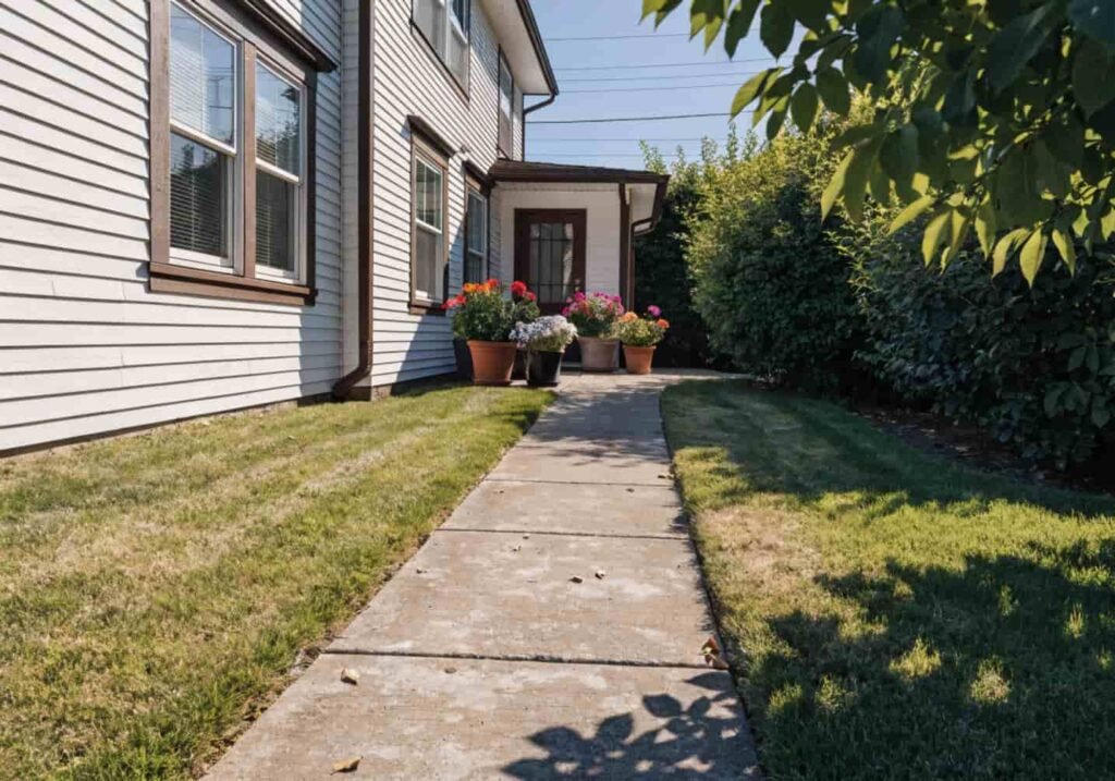 Attractive front yard with colorful flowers and a tidy walkway