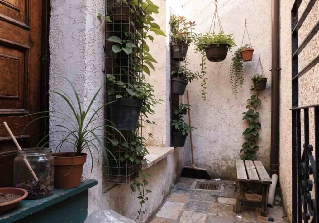Vertical garden and hanging plants arranged on a small balcony